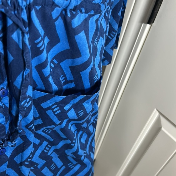 Gudrun Sjoden Blue Organic Cotton Dress Geometric Patterned Cinched Waist Sz L - Picture 4 of 14